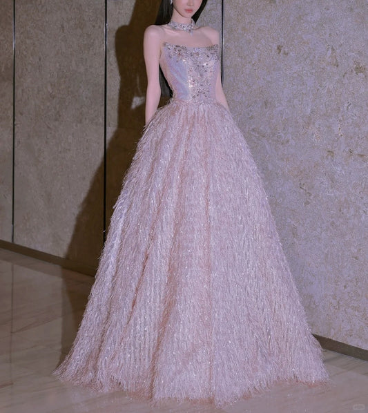 Pink Fashion Beaded Elegant Long Tulle Ball Gown Evening Dress gh5074