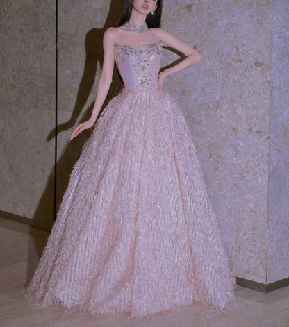 Pink Fashion Beaded Elegant Long Tulle Ball Gown Evening Dress gh5074