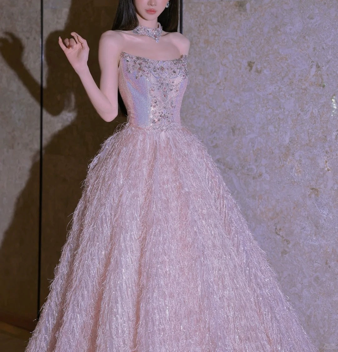 Pink Fashion Beaded Elegant Long Tulle Ball Gown Evening Dress gh5074