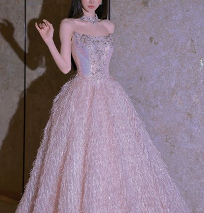Pink Fashion Beaded Elegant Long Tulle Ball Gown Evening Dress gh5074