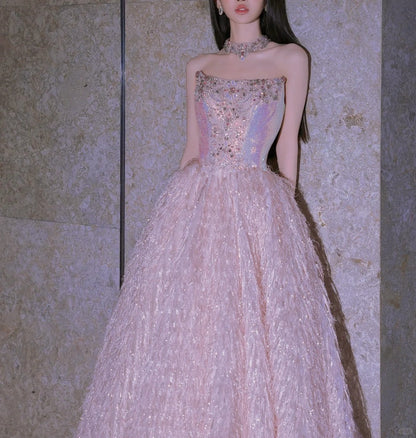 Pink Fashion Beaded Elegant Long Tulle Ball Gown Evening Dress gh5074