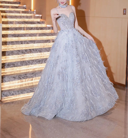 Blue fashion beaded elegant long tulle ball gown evening dress gh5075