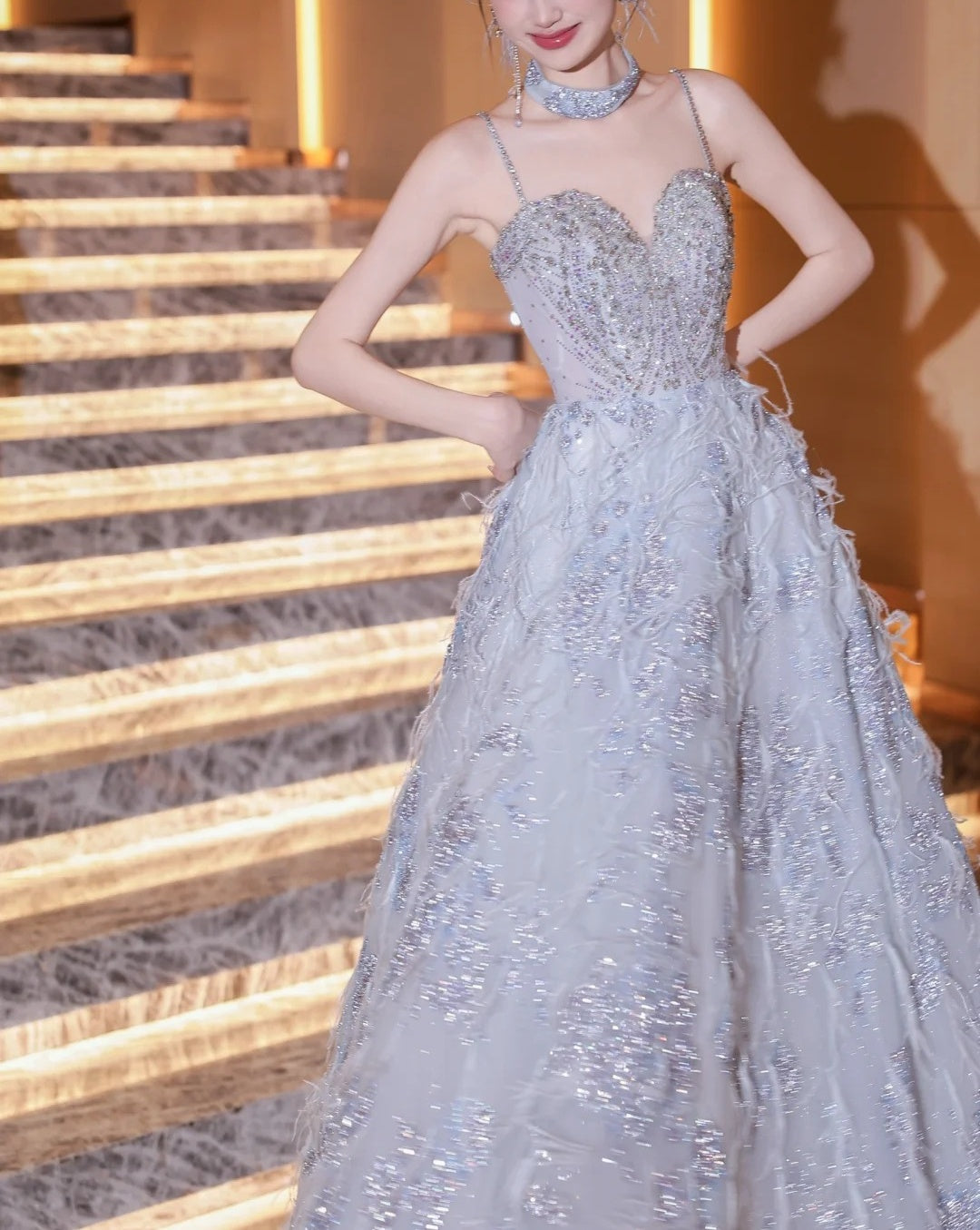 Blue fashion beaded elegant long tulle ball gown evening dress gh5075