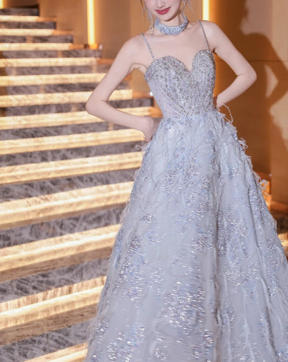 Blue fashion beaded elegant long tulle ball gown evening dress gh5075