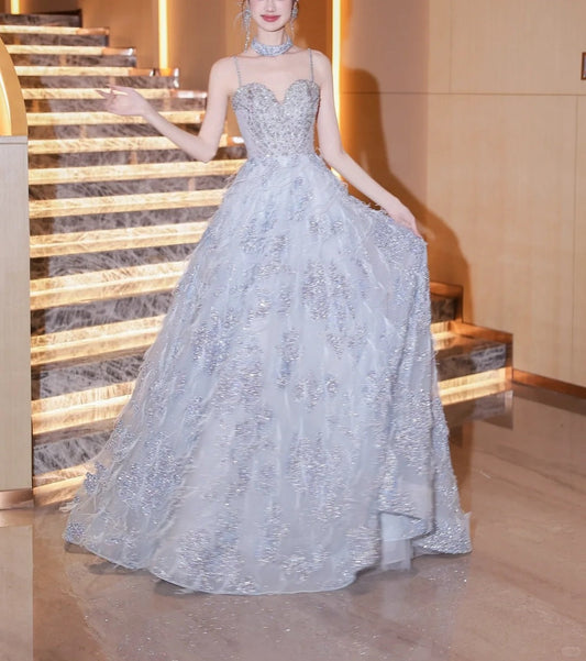 Blue fashion beaded elegant long tulle ball gown evening dress gh5075
