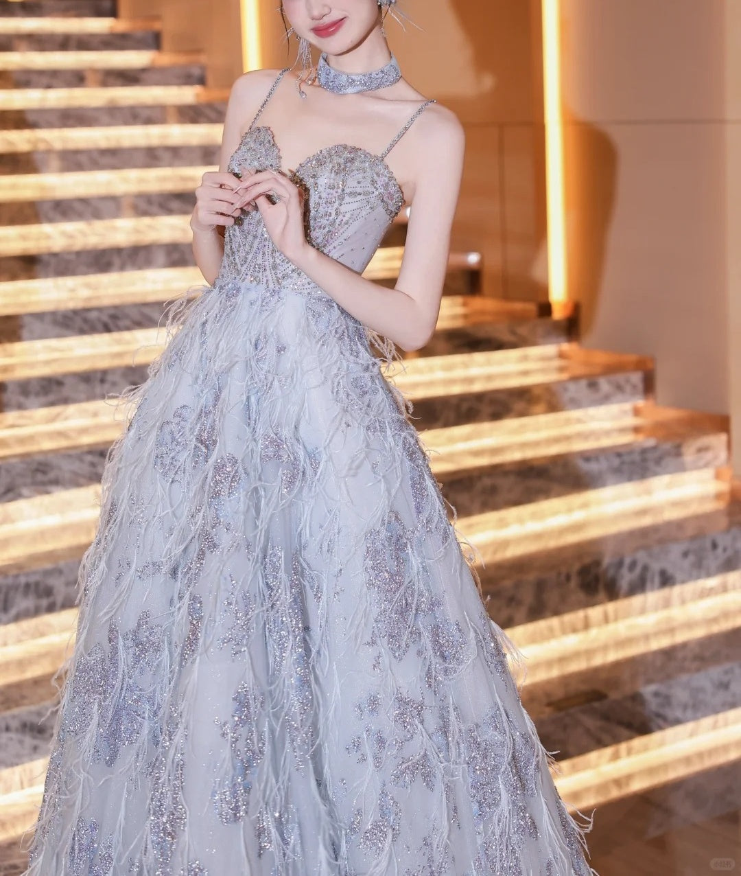 Blue fashion beaded elegant long tulle ball gown evening dress gh5075