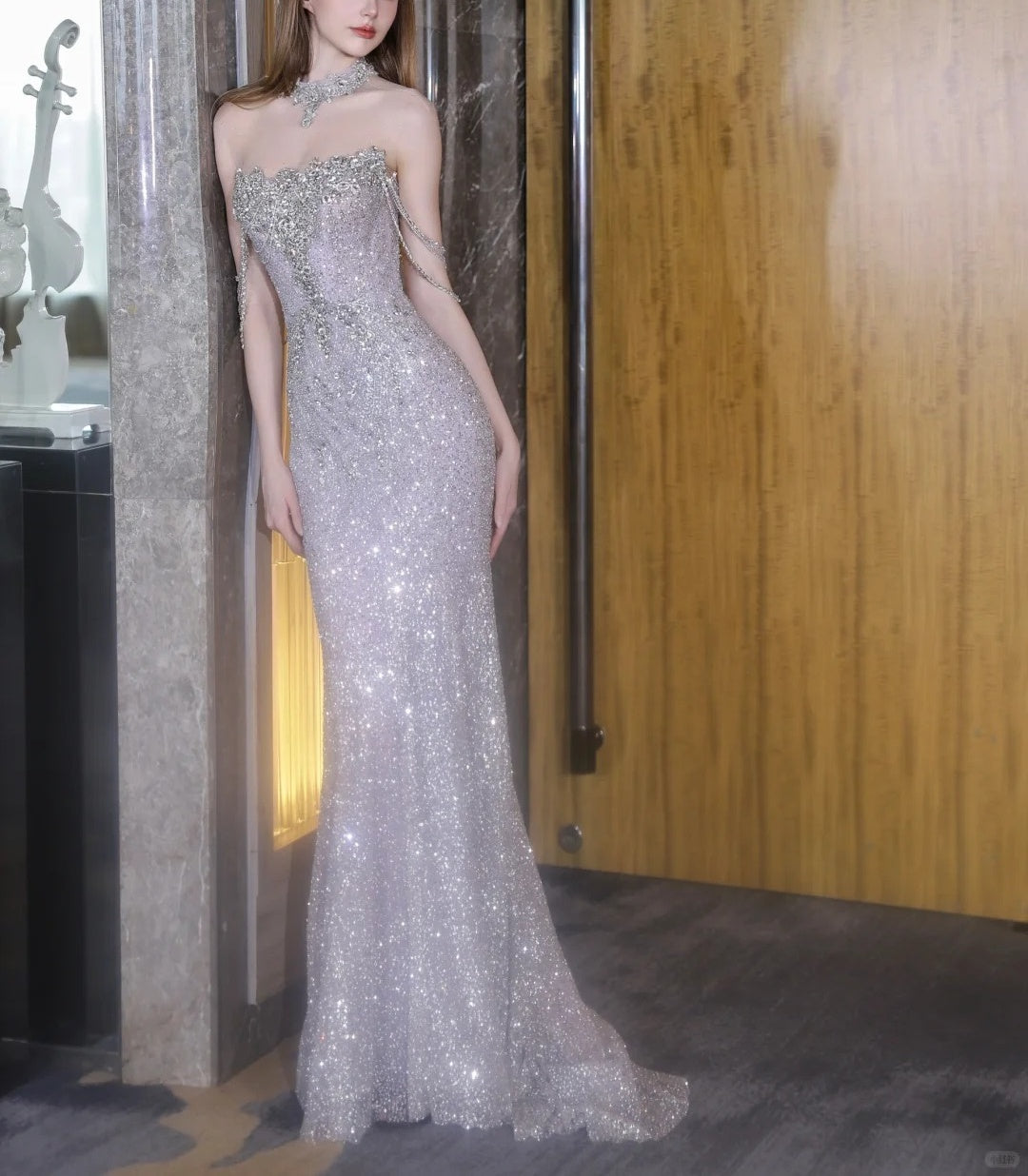 Light Purple Fashion Beading Elegant Long Mermaid Slim Tulle Ball Gown Evening Dress gh5075