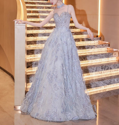 Blue fashion beaded elegant long tulle ball gown evening dress gh5075