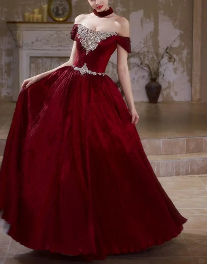 Burgundy Retro Elegant Rhinestone Beaded Long Velvet Ball Gown Evening Dress gh5073