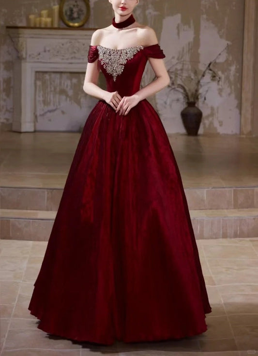 Burgundy Retro Elegant Rhinestone Beaded Long Velvet Ball Gown Evening Dress gh5073