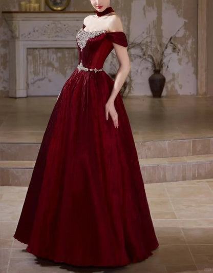 Burgundy Retro Elegant Rhinestone Beaded Long Velvet Ball Gown Evening Dress gh5073