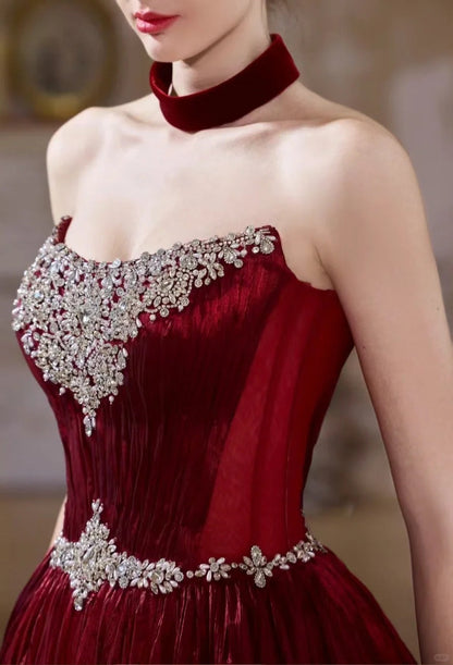 Burgundy Retro Elegant Rhinestone Beaded Long Velvet Ball Gown Evening Dress gh5073