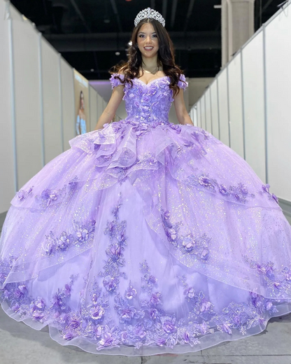 Light Blue Sparkly Off The Shoulder Appliques Prom Dress Quinceañera Dress Sweet 16 Prom Dress Ball Gown SH1136