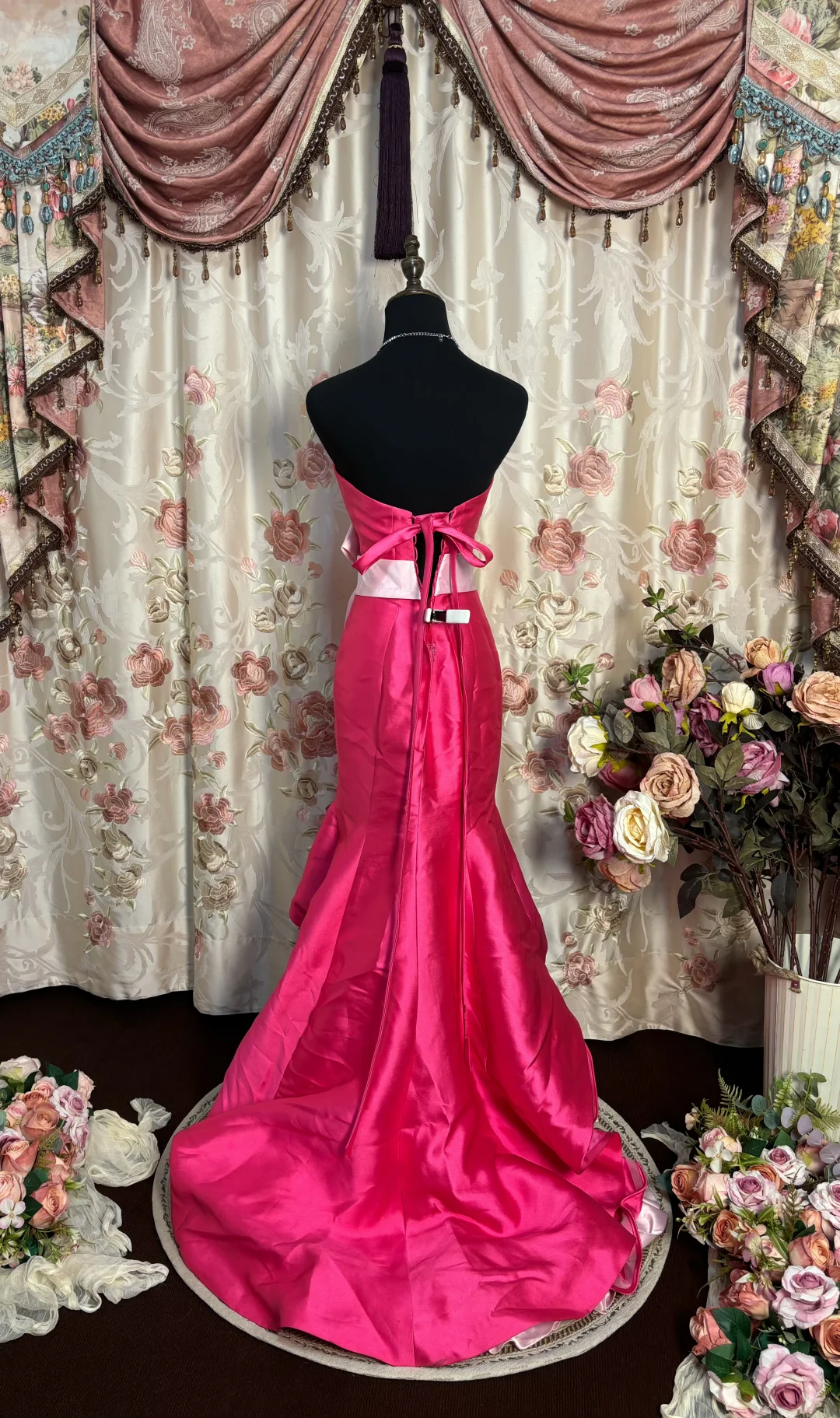Vintage Pink Mermaid Sweetheart Neck Bow Satin Long Sweep Prom Dress Evening Dress SH3702
