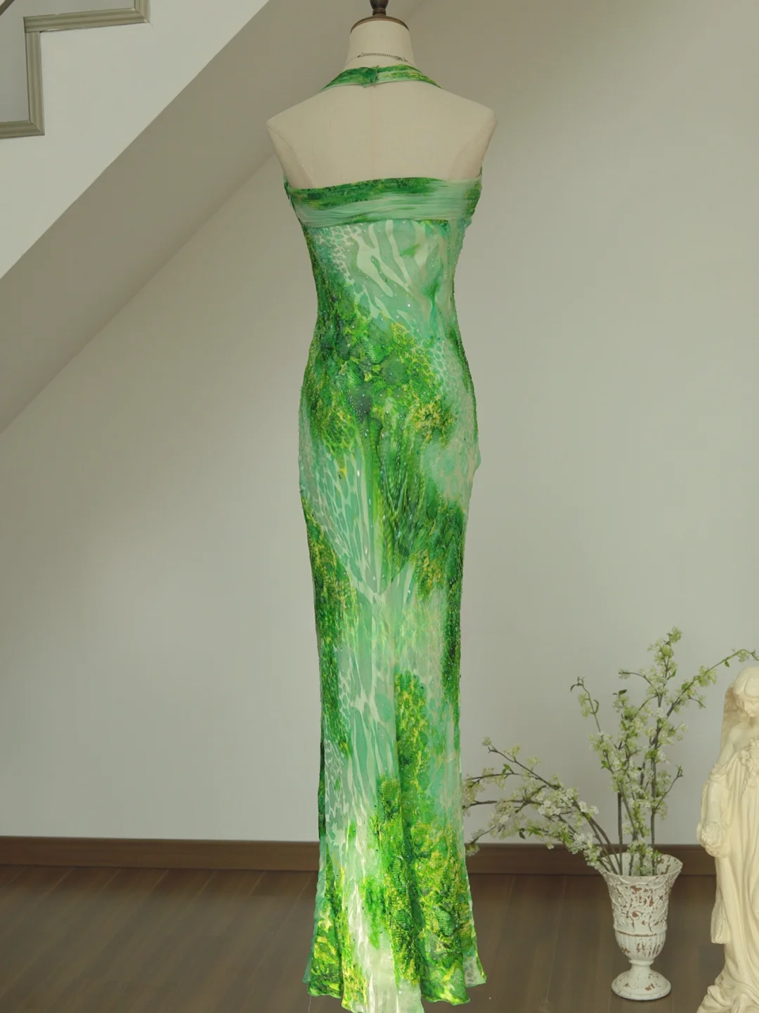 Unique Sheath Halter Green Print Floral Chiffon Open Back Long Prom Dress Formal Dress SH3866