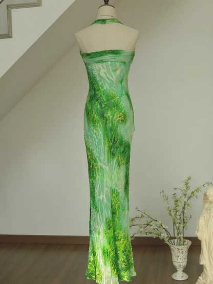 Unique Sheath Halter Green Print Floral Chiffon Open Back Long Prom Dress Formal Dress SH3866