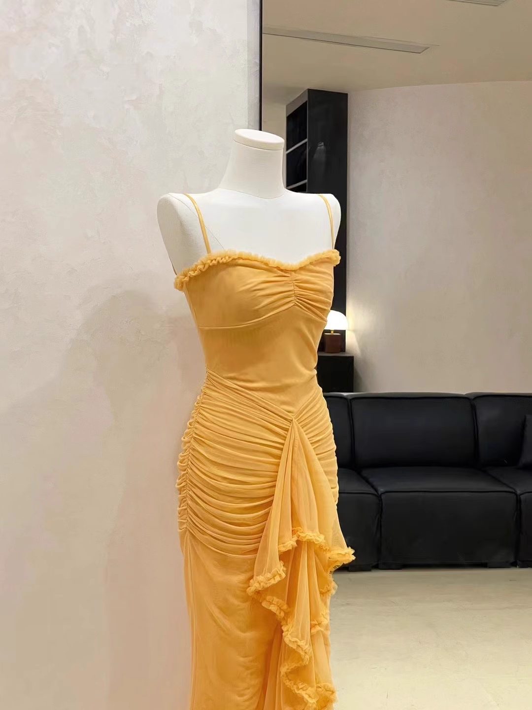 Sexy Spaghetti Straps Chiffon Pleated Mermaid Party Dress Yellow Birthday Dress S288