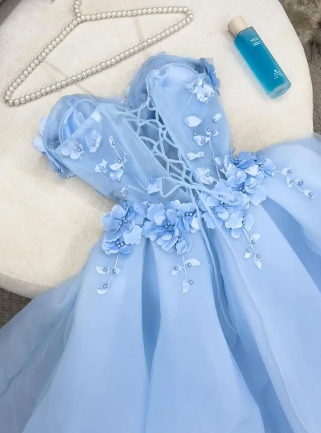 Baby Blue A Line Sweetheart Neck 3D Flower Tulle Prom Dress Evening Dress SH2255
