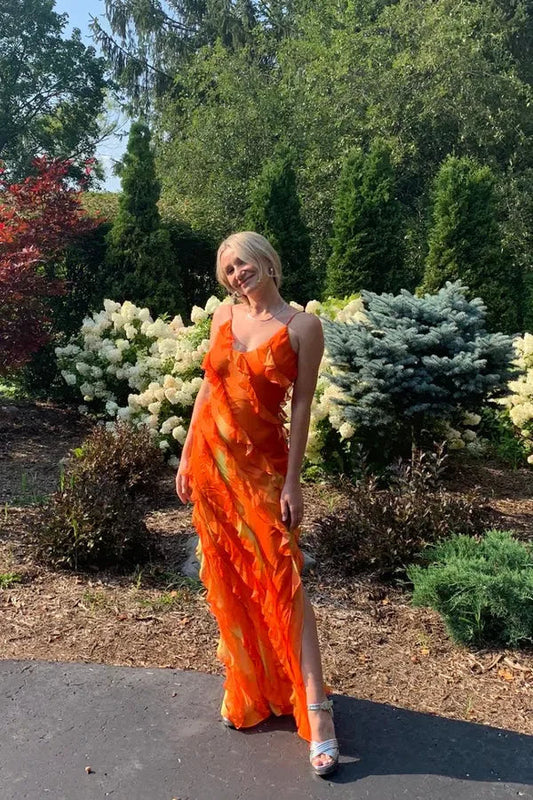 Orange Fashion Elegant Spaghetti Strap Long Ruffle Chiffon Ball Gown Evening Dress Party Dress Wedding Guest Dress gh3318