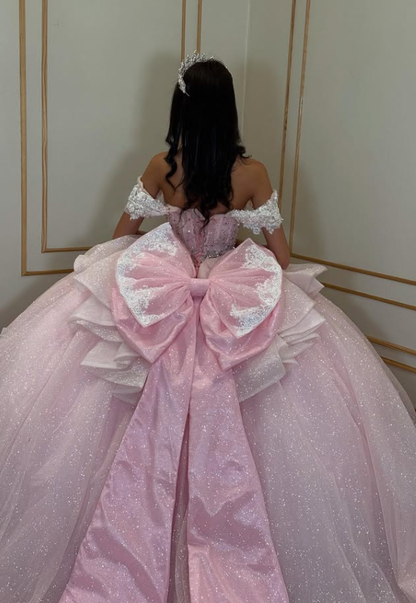 Pink Ball Gown Off the Shoulder Appliques Beaded Tulle Sweet 16 Dress Party Gowns Quinceanera Dresses SH3558