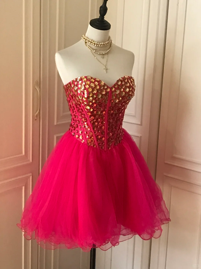 Gorgeous Strapless Red Tulle Beaded Formal Birthday Outfits Homecoming Dress S543