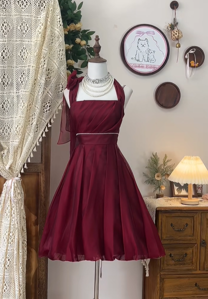 Vintage Burgundy Halter Chiffon A Line Homecoming Dress Cocktail Dress Mini Birthday Outfits S326