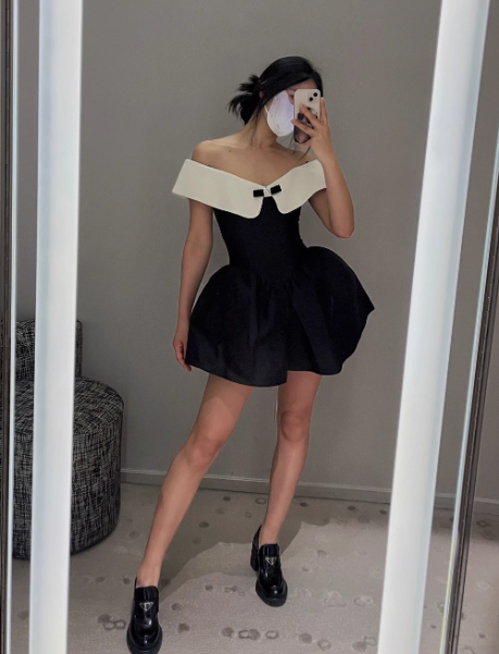Stunning A Line Off the Shoulder White Black Satin Short Homecoming Dress Birthday Dress SH3026