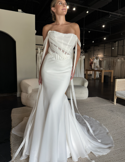 Simple Mermaid Off the Shoulder Corset Chiffon Long Sweep Wedding Dress SH2233