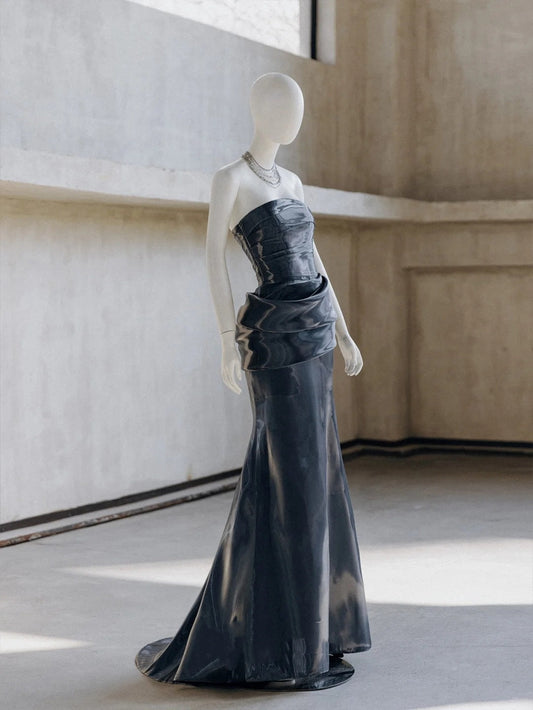 ____Blue Gothic Cyber Mechanical Goddess Liquid Metal Dress Y3K Long Satin Ball Gown Evening Dress gh4545