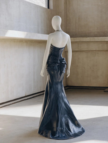 ____Blue Gothic Cyber Mechanical Goddess Liquid Metal Dress Y3K Long Satin Ball Gown Evening Dress gh4545