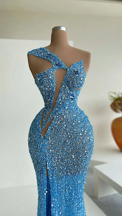 Blue gorgeous sexy sequins elegant long slit mermaid slim floor-length ball gown evening dress party dress gh3389