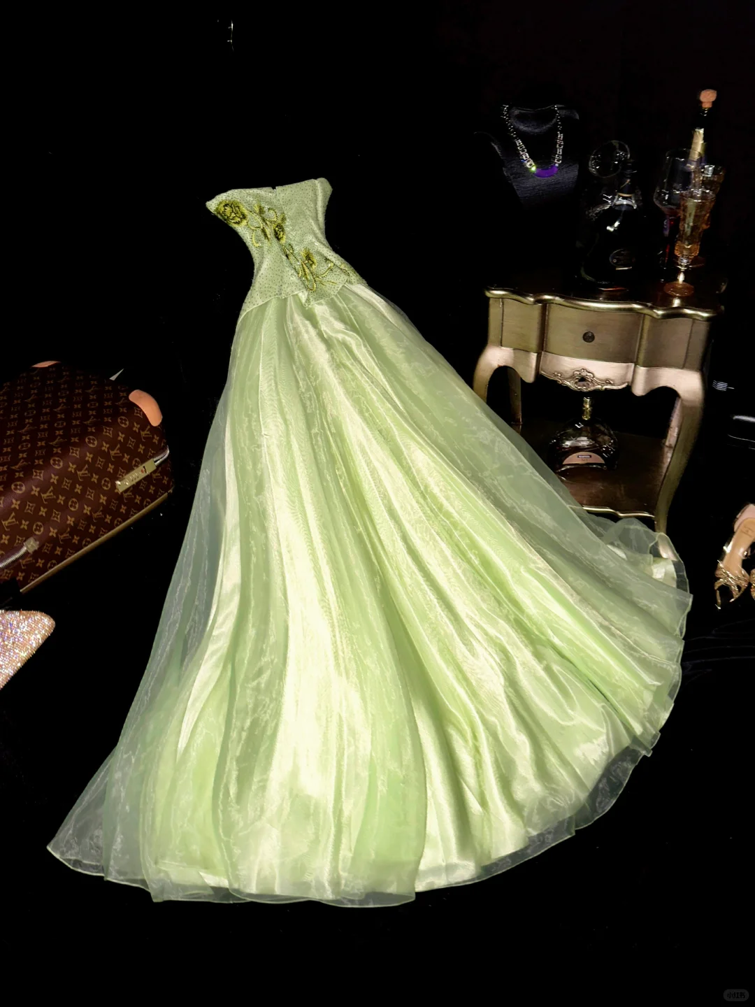 Gentle A Line Strapless Beaded Embroidery Green Organza Satin Long Prom Dress Party Dress SH3044