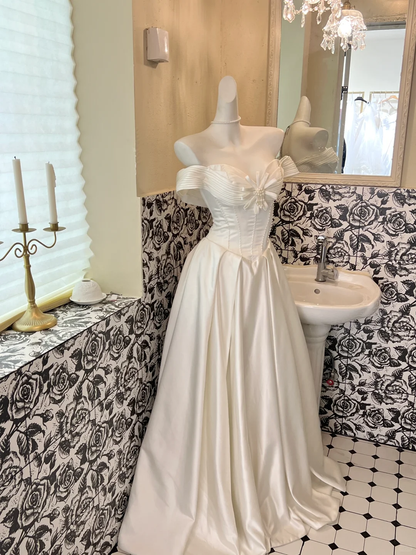 White Classy Ball Gown Off the Shoulder Pearl Satin Long Prom Dress Wedding Dress SH3857