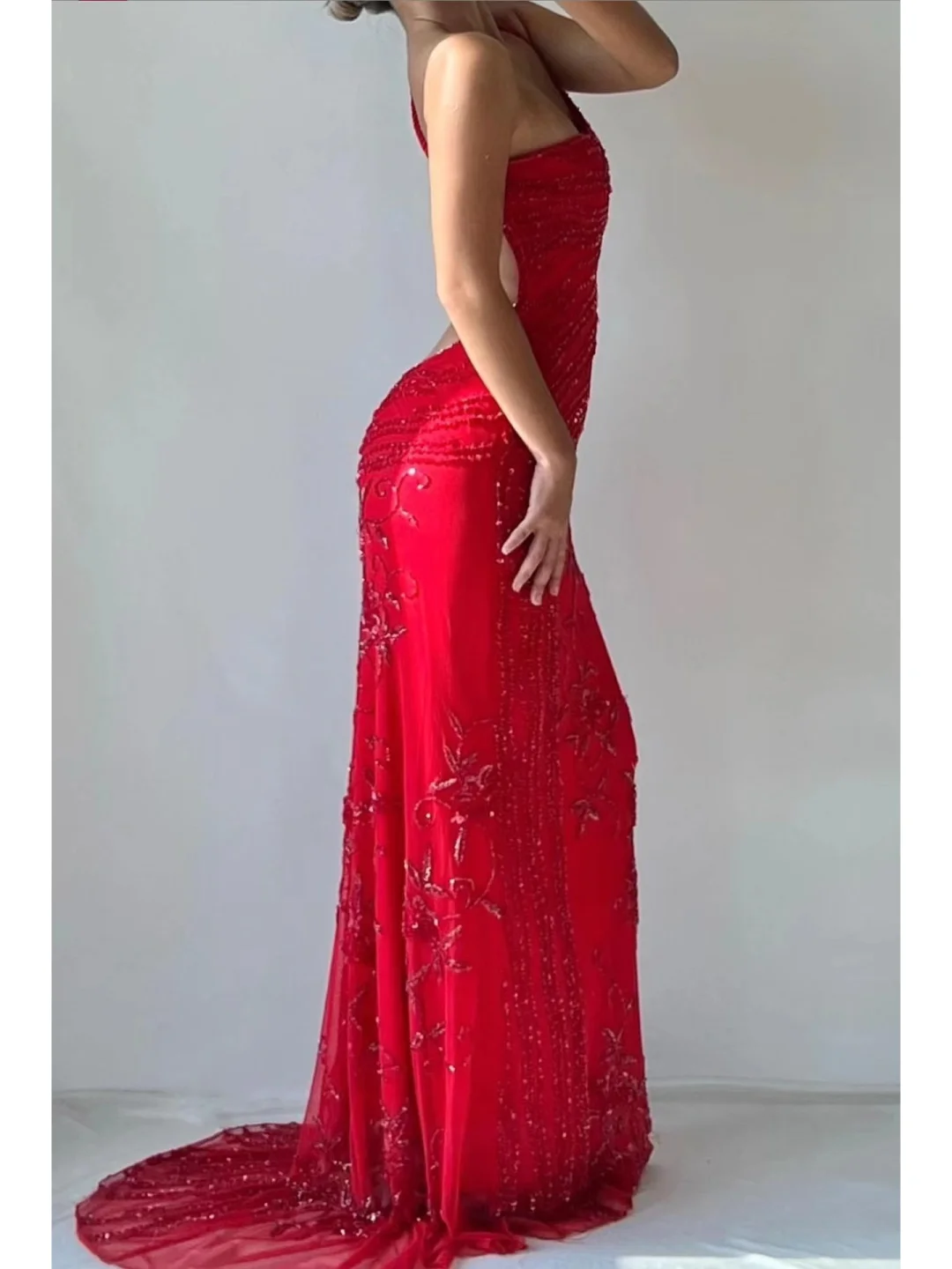 Vintage Sheath V Neck Beaded Sexy Red Chiffon Long Prom Dress Evening Dress SH3343