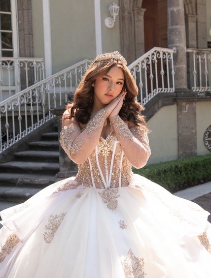 Champagne Sweetheart Neck Corset Rhinestone Tulle Ball Gown Sweet 16 Dress Quinceanera Dress SH2126