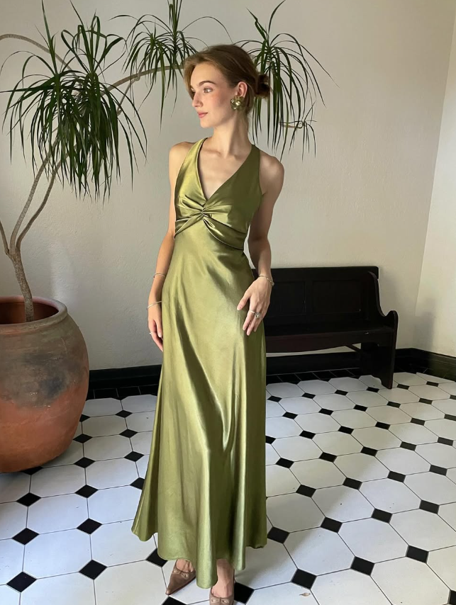 Green Sheath Halter Bow Satin Open Back Prom Dress Graduation Prom Dress SH2587