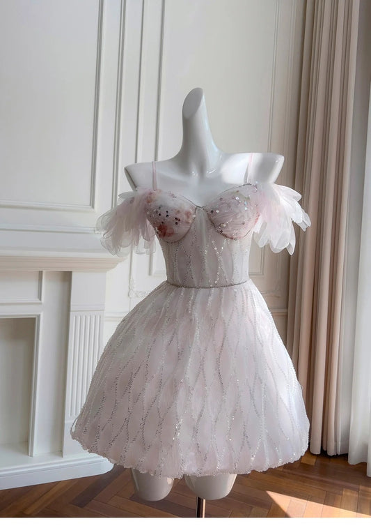 preppydressess-Pink Sweet Sequin Short Tulle Homecoming Dress Birthday Party Dress gh5042