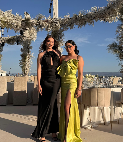 2025 New Mermaid Strapless Bow Green Satin Prom Dress Graduation Prom Dress with Slit SH2471