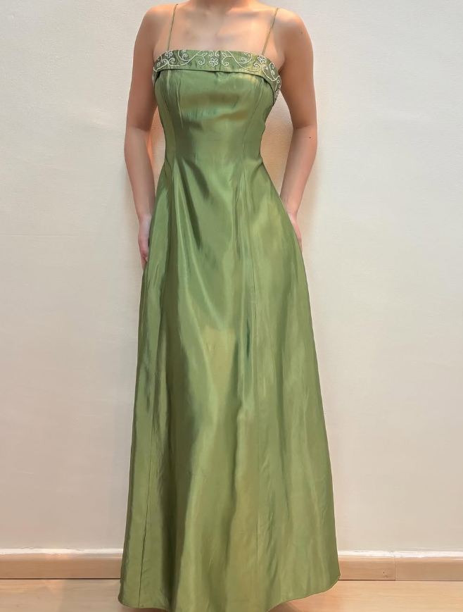 Vintage A Line Spaghetti Strap Beaded Green Satin Prom Dress Evening Dress SH2143