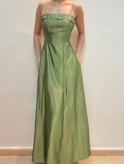 Vintage A Line Spaghetti Strap Beaded Green Satin Prom Dress Evening Dress SH2143