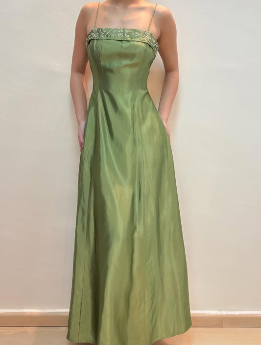 Vintage A Line Spaghetti Strap Beaded Green Satin Prom Dress Evening Dress SH2143