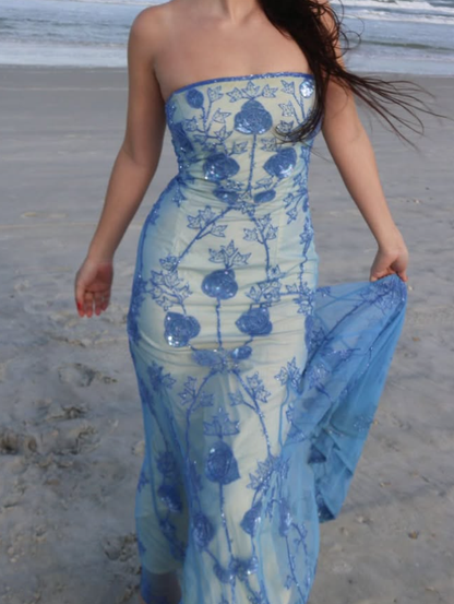 Vintage Sheath Strapless Beaded Appliques Blue Chiffon Satin Prom Dress Evening Dress SH2626