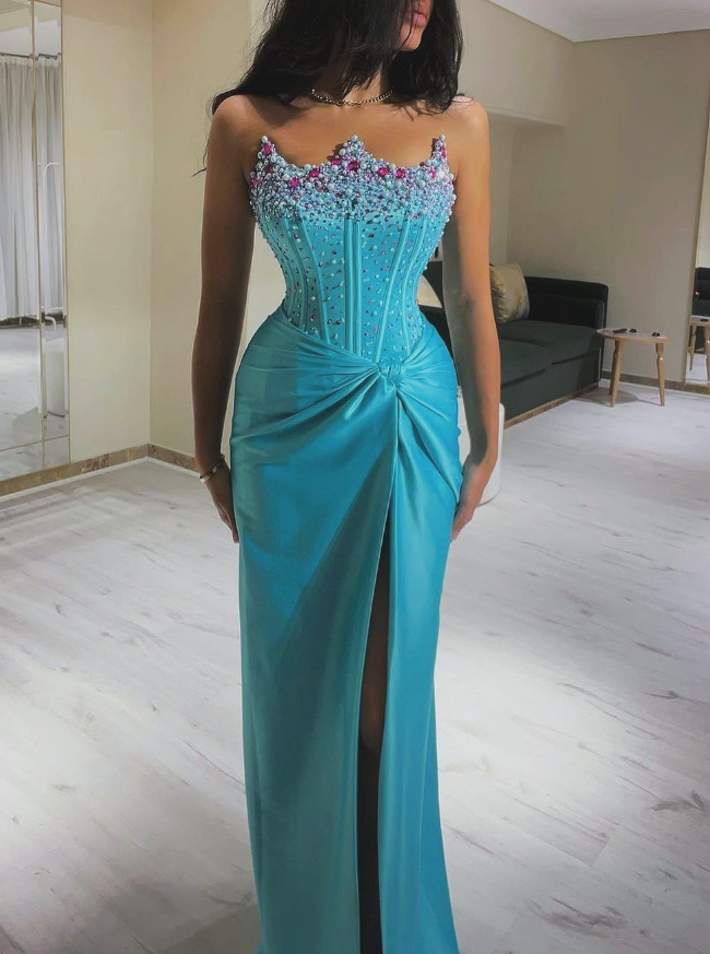 Gorgeous Sheath Strapless Pearl Beaded Blue Satin Prom Dress Evening Dress with Slit SH2275