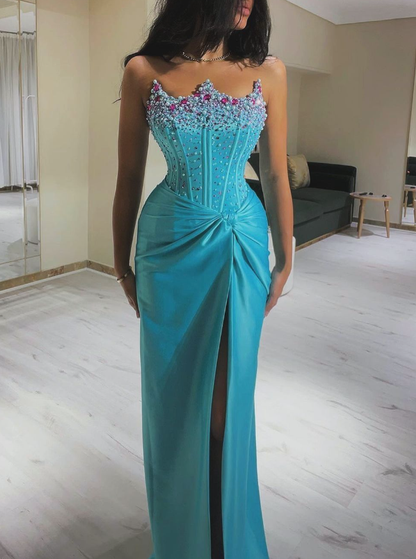 Gorgeous Sheath Strapless Pearl Beaded Blue Satin Prom Dress Evening Dress with Slit SH2275