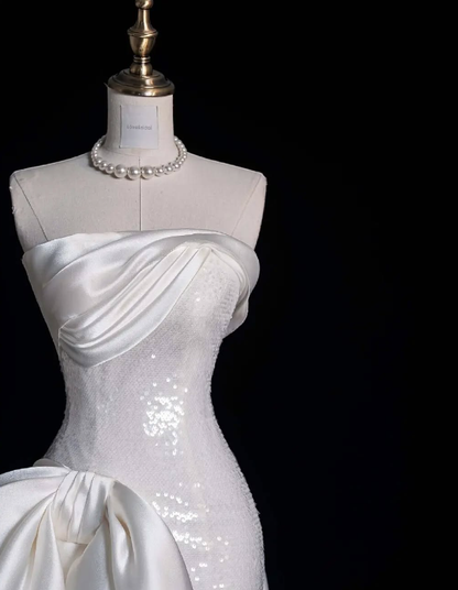 Cute Sheath Strapless Bow White Sequin Satin Long Sweep Prom Dress Graduation Prom Dress SH2566