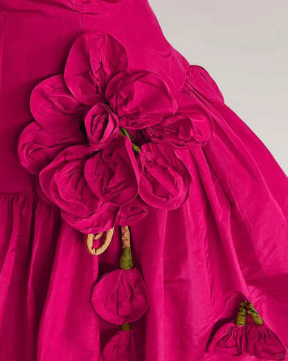 Vintage Hot Pink Satin A Line Graduation Homecoming Dress V Neck Short Party Dress With Flowers S581