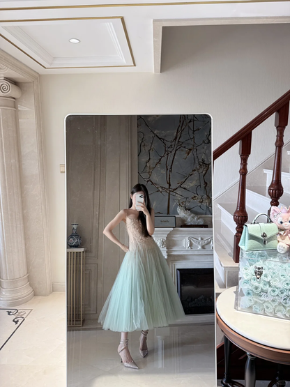 Stunning A Line Spaghetti Strap Brown Lace Green Tulle Prom Dress Evening Dress SH3012