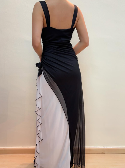 Unique Sheath Spaghetti Strap Black White Chiffon Prom Dress Evening Dress SH2222