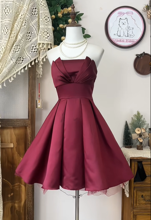 Vintage Burgundy Strapless Satin Pleated A Line Homecoming Dress Cocktail Dress S332