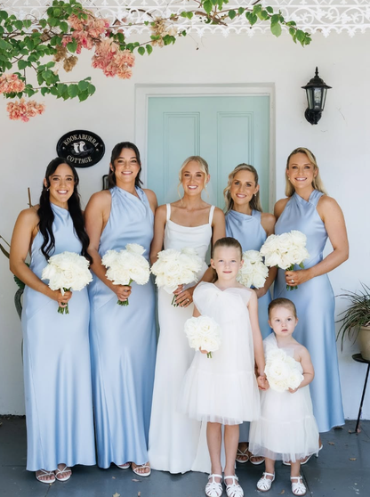 Elegant Sheath Halter Baby Blue Satin Bridesmaid Dress Evening Dress SH3198